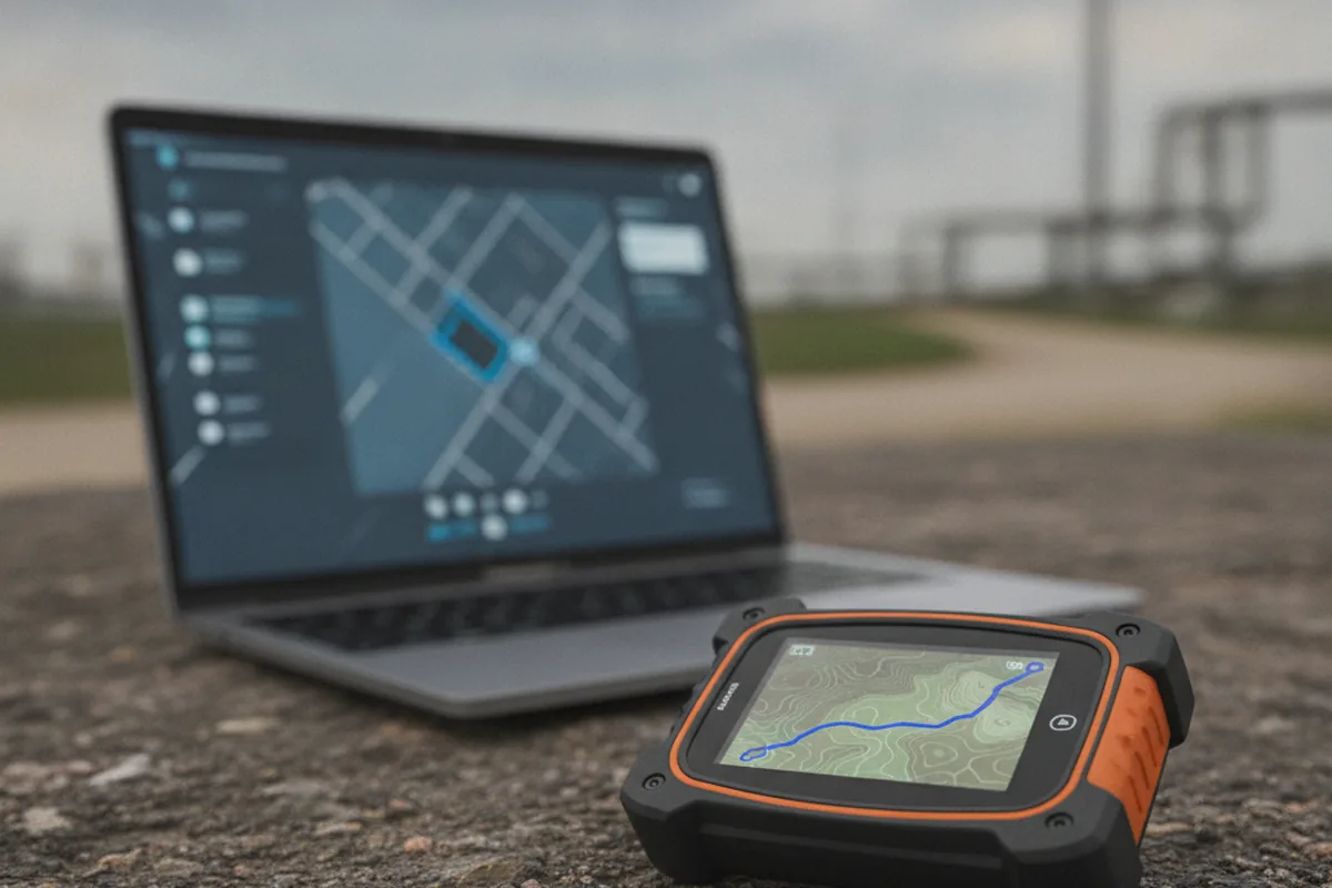 Защищённый GPS-трекер с маршрутом на экране рядом с ноутбуком, на котором открыта карта мониторинга
