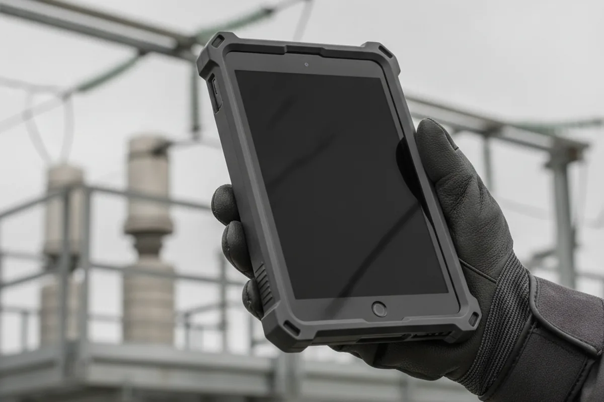 Рука в защитной перчатке держит защищённый планшет в промышленной rugged-оболочке на фоне энергетической инфраструктуры